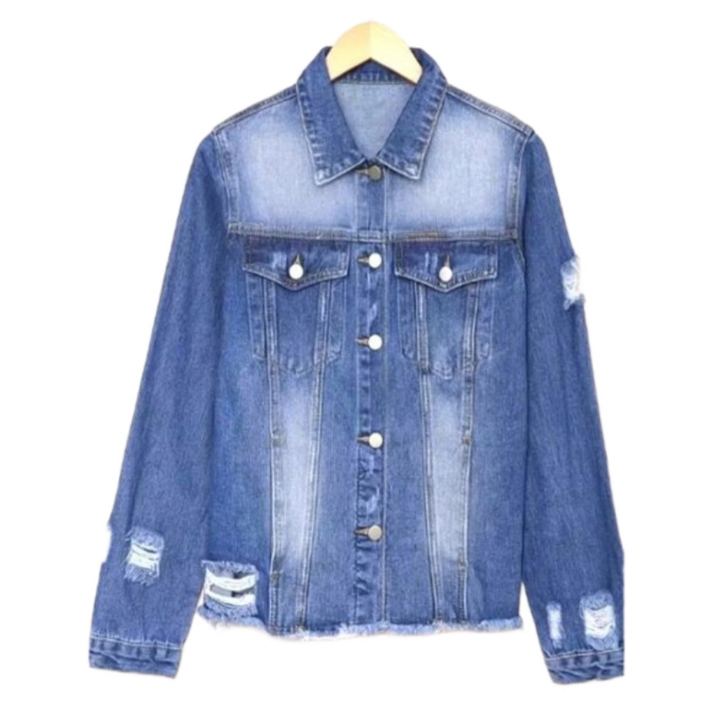 Womens Distressed Raw Hem Ripped Denim Jacket sz XXL